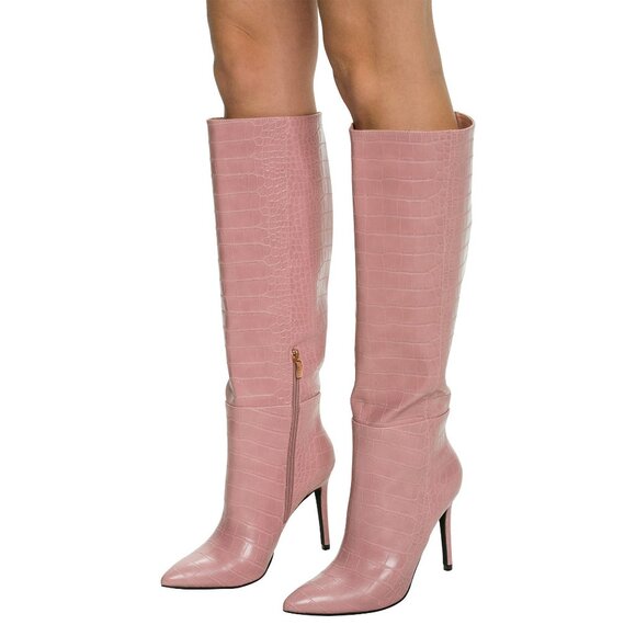 Guess Pink Vegan Croc Pointed Toe Knee High Stiletto Boots | Sexy Baddie Barbie - Picture 16 of 16